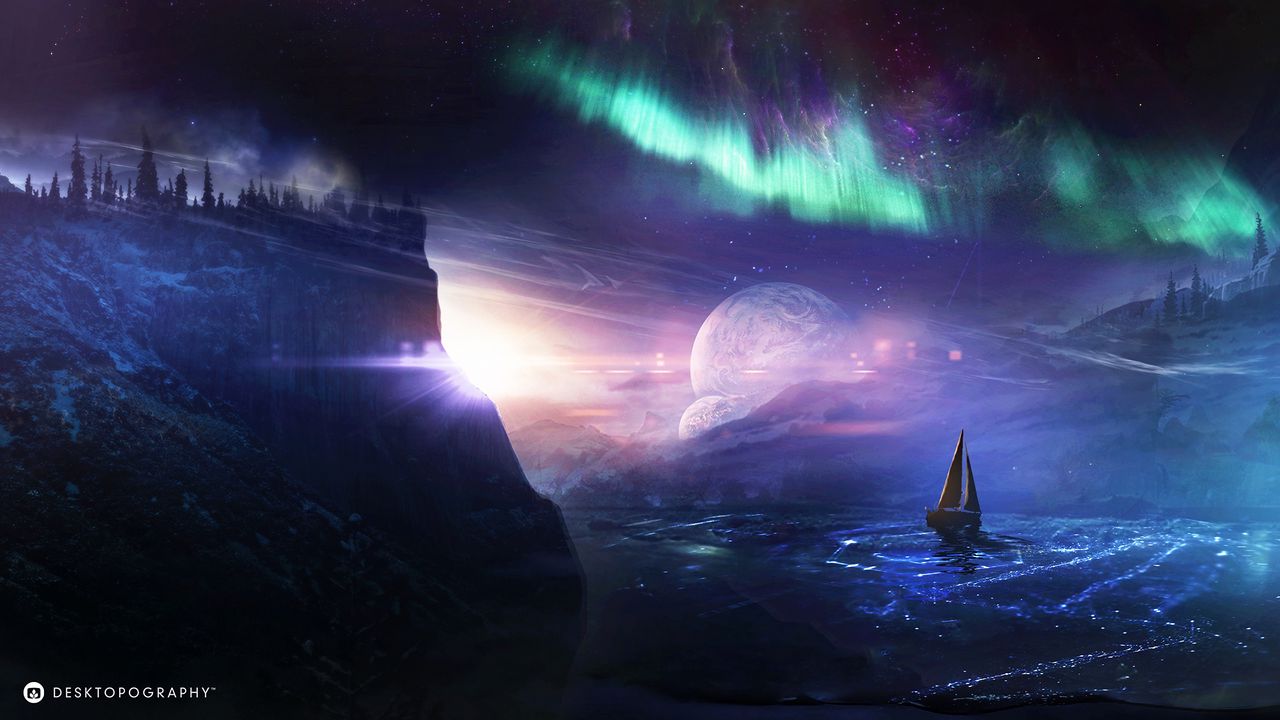Wallpaper boat, planet, northern lights, art, night