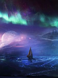 Preview wallpaper boat, planet, northern lights, art, night