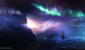 Preview wallpaper boat, planet, northern lights, art, night