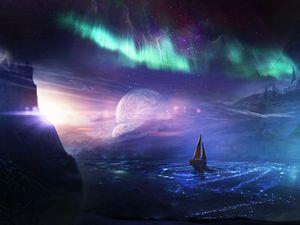 Preview wallpaper boat, planet, northern lights, art, night