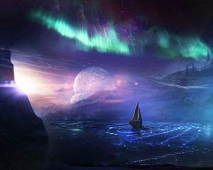 Preview wallpaper boat, planet, northern lights, art, night