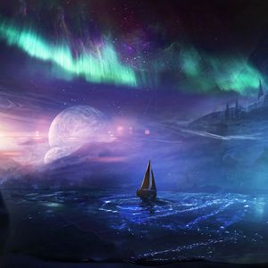 Preview wallpaper boat, planet, northern lights, art, night