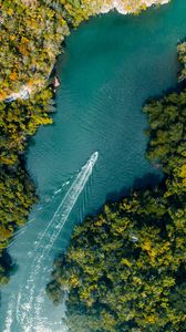 Preview wallpaper boat, river, aerial view, water, trees