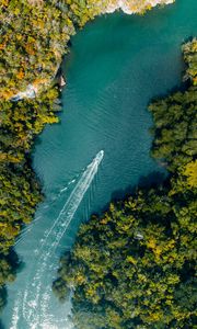 Preview wallpaper boat, river, aerial view, water, trees