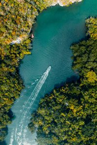 Preview wallpaper boat, river, aerial view, water, trees