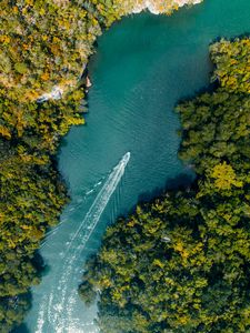 Preview wallpaper boat, river, aerial view, water, trees
