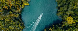 Preview wallpaper boat, river, aerial view, water, trees