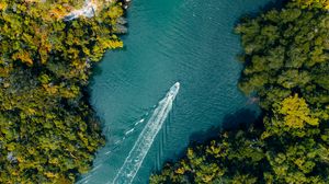 Preview wallpaper boat, river, aerial view, water, trees