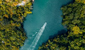 Preview wallpaper boat, river, aerial view, water, trees