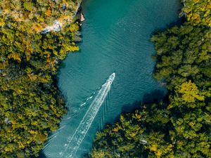 Preview wallpaper boat, river, aerial view, water, trees