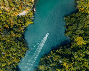 Preview wallpaper boat, river, aerial view, water, trees