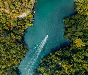 Preview wallpaper boat, river, aerial view, water, trees