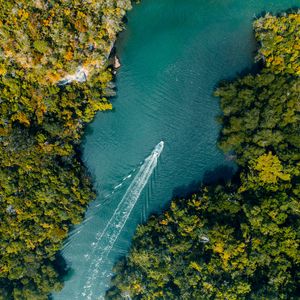 Preview wallpaper boat, river, aerial view, water, trees