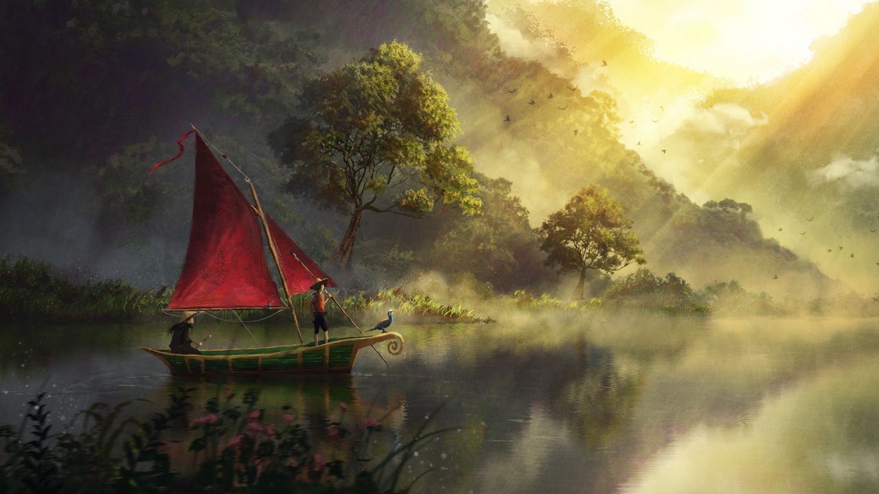 Wallpaper boat, river, art, fog, dawn