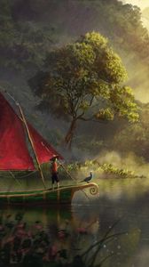 Preview wallpaper boat, river, art, fog, dawn