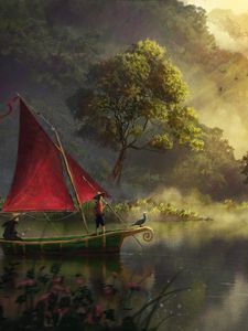 Preview wallpaper boat, river, art, fog, dawn