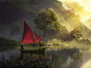 Preview wallpaper boat, river, art, fog, dawn