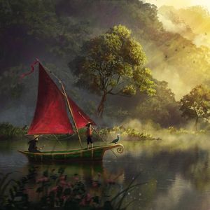 Preview wallpaper boat, river, art, fog, dawn