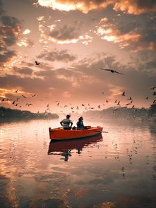 Preview wallpaper boat, river, birds, walk, sky, clouds, seagulls