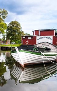 Preview wallpaper boat, river, buildings, trees