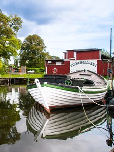 Preview wallpaper boat, river, buildings, trees