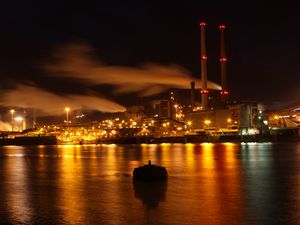 Preview wallpaper boat, river, buildings, lights, night, dark