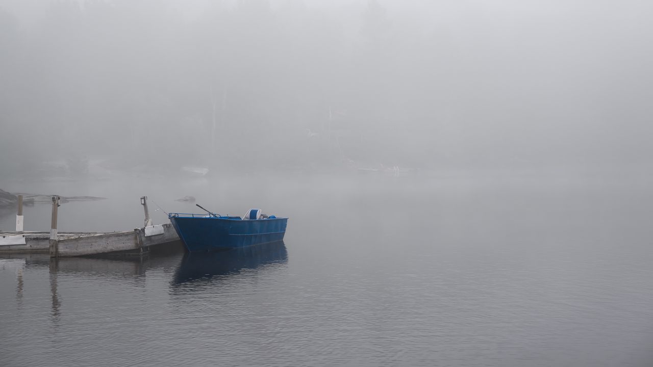 Wallpaper boat, river, fog, blue