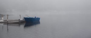 Preview wallpaper boat, river, fog, blue