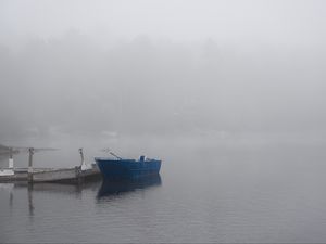 Preview wallpaper boat, river, fog, blue