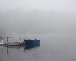 Preview wallpaper boat, river, fog, blue