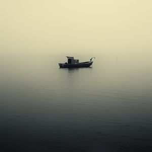Preview wallpaper boat, river, fog, minimalism, black and white