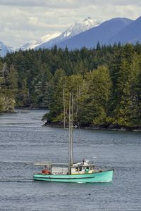 Preview wallpaper boat, river, forest, trees, mountains