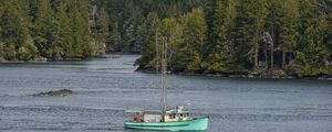 Preview wallpaper boat, river, forest, trees, mountains