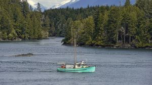 Preview wallpaper boat, river, forest, trees, mountains