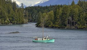 Preview wallpaper boat, river, forest, trees, mountains