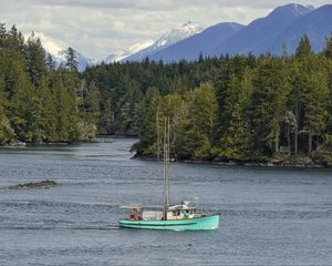 Preview wallpaper boat, river, forest, trees, mountains