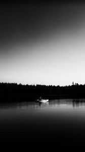 Preview wallpaper boat, river, forest, trees, black and white