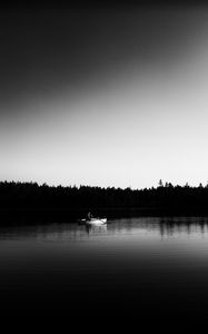 Preview wallpaper boat, river, forest, trees, black and white