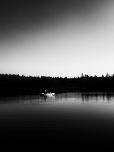 Preview wallpaper boat, river, forest, trees, black and white