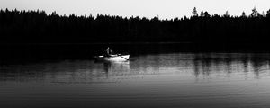 Preview wallpaper boat, river, forest, trees, black and white