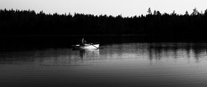 Preview wallpaper boat, river, forest, trees, black and white