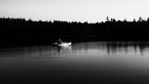 Preview wallpaper boat, river, forest, trees, black and white