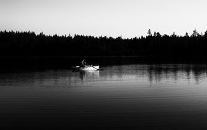 Preview wallpaper boat, river, forest, trees, black and white