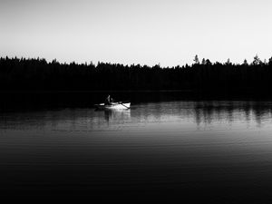 Preview wallpaper boat, river, forest, trees, black and white