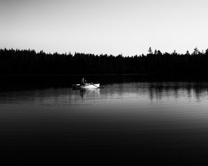 Preview wallpaper boat, river, forest, trees, black and white