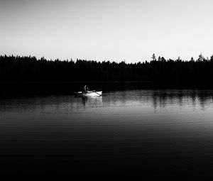 Preview wallpaper boat, river, forest, trees, black and white