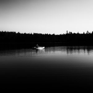 Preview wallpaper boat, river, forest, trees, black and white