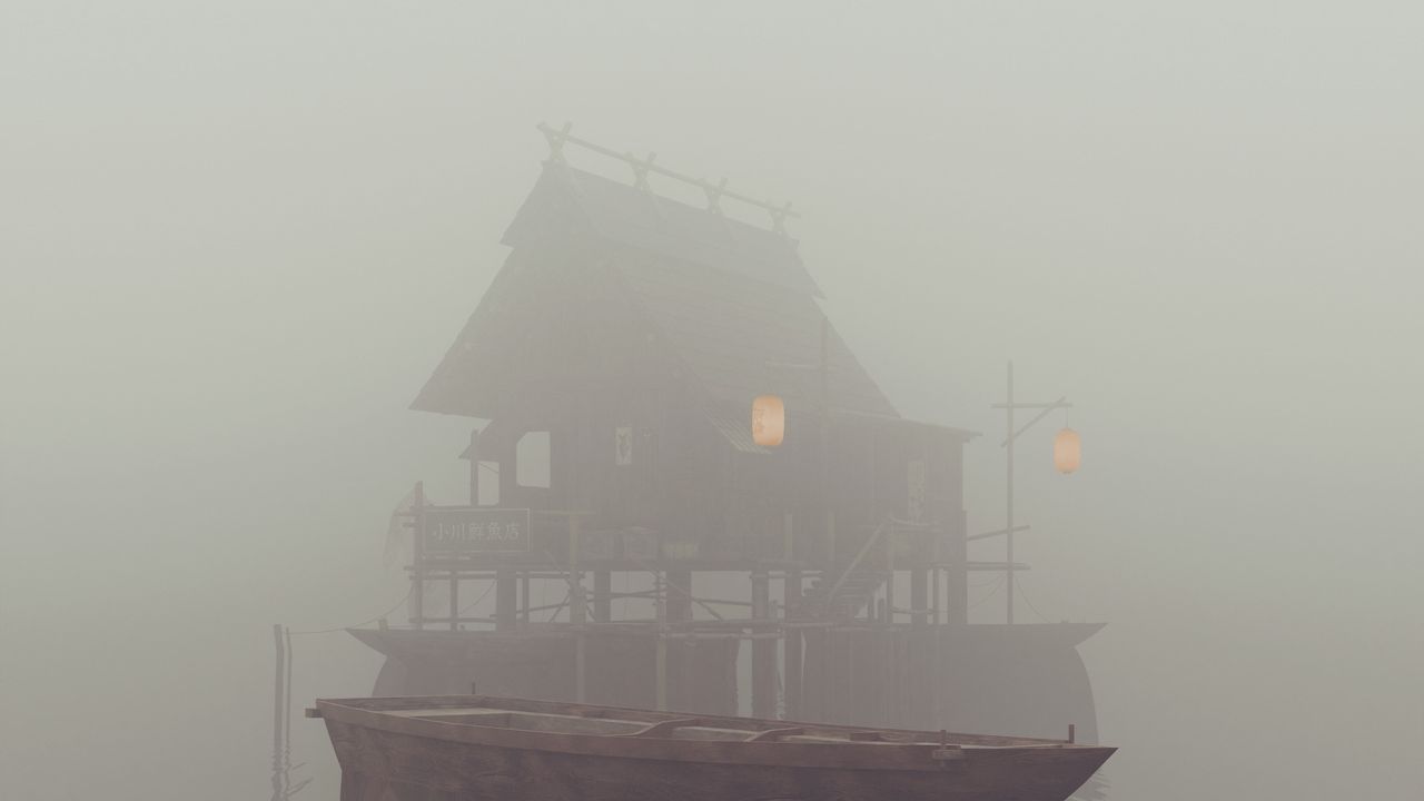Wallpaper boat, river, house, fog, art