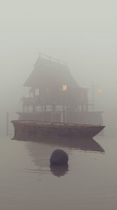 Preview wallpaper boat, river, house, fog, art