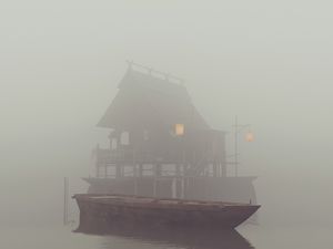 Preview wallpaper boat, river, house, fog, art